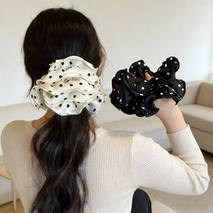 French Vintage Large Scrunchies Polka Dot Fabric Satin Hair Tie Ruffle Elastic Hair Band For Women Hair Accessories