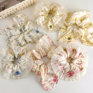 Chouchous Fleuris en Dentelle Avec Nœud et Bouton Étiquette Fait Main Style Coréen Doux Pour Femmes Accessoires Cheveux