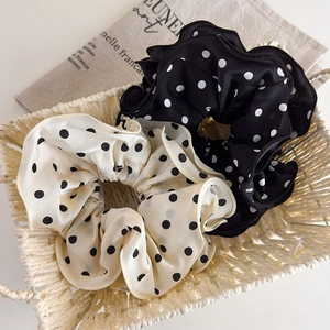 French style polka dot oversized hair scrunchies with elegant double-layered ruffles