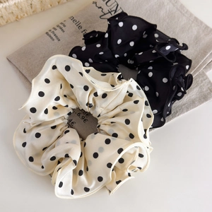French retro polka dot scrunchie set in black and beige with high elastic durable silk fabric