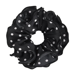 French style double-layer black polka dot scrunchie with elastic ruffled fabric
