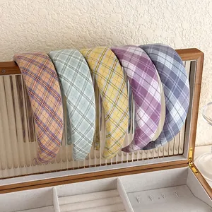 Retro Preppy Plaid Fabric Padded Sponge Headband For Women Sweet Thickened Wide Hair Hoop Geometric Lattice Hair Accessory