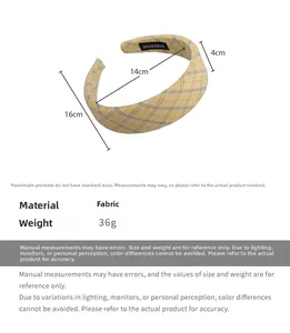 Detail view of yellow plaid headband with precise dimensions and weight specifications