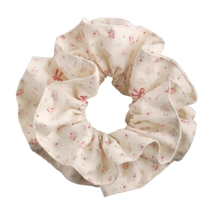 Floral double-layer scrunchie with pink flowers and red bows on white cotton fabric