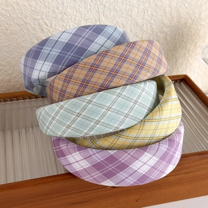 Vintage plaid sponge headbands in five pastel colors with a thick high-top design