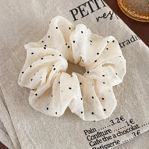 French Vintage Polka Dot Scrunchie Chiffon Large Hair Tie Cream White Mesh Hair Ring For Women Daily Hair Accessories