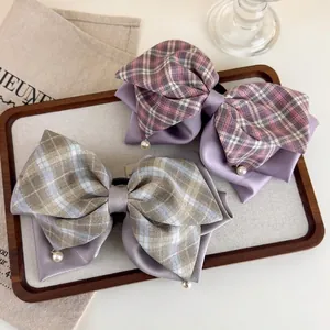 Lot de pinces à cheveux à nœuds à carreaux avec pendentifs en perles et style français