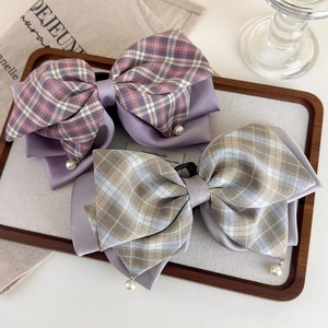 Lot de pinces à cheveux élégantes avec nœuds à carreaux et perles en violet et gris