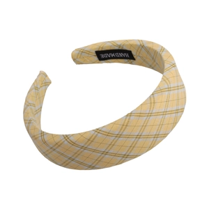 Retro cream plaid sponge headband with handmade tag for a sweet preppy style look