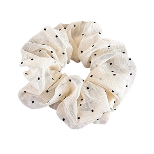 French style beige chiffon scrunchie with black polka dots for elegant hair styling