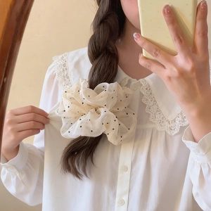 French retro oversized polka dot mesh hair scrunchie made of cream organza fabric