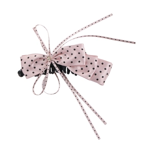 Pink polka dot ribbon bow banana hair clip with crystal rhinestone center for women