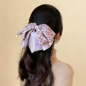 Grande Pince à Cheveux Nœud en Tissu Écossais Avec Fausse Künstliche Perle Élégante Style BCBG Épingle à Cheveux en Satin Femme