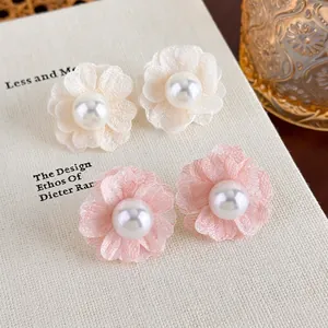 Romantic Chiffon Flower Stud Earrings With Faux Artificial Pearl Accent Elegant Fabric Floral Jewelry For Women Vacation Dating Sweet Style