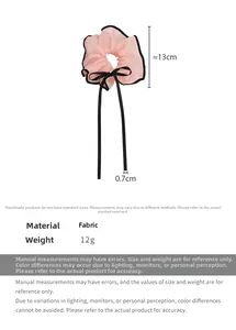 Pink fabric scrunchie with black trim and 13cm diameter shown with measurement details