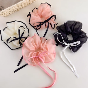 Set of four organza bow hair scrunchies with delicate contrast ribbon edges