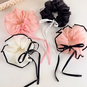 Korean Style Knitted Fabric Scrunchie With Contrast Piping Ribbon Bowknot Sweet Hair Tie Versatile Accessory For Women