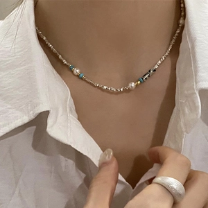 Collier Perlé Vintage Avec Fausse Künstliche Perle Pierre Hématite Alliage Künstliche Perles d'Argent Irrégulières Chaîne de Clavicule pour Femme