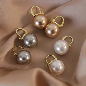 French Vintage Large Round Faux Artificial Pearl Dangle Earrings Elegant Gold Plated Leverback Hook Drop Earrings For Women Jewelry