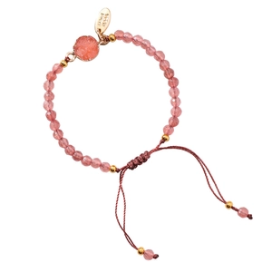 Pink strawberry crystal beaded bracelet with adjustable braided rope and druzy stone charm