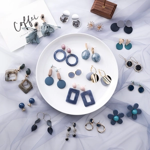 Korean Fashion Blue Gray Alloy Earrings Simple Geometric Floral Rhinestone Earrings For Women Trendy Minimalist Jewelry Gift