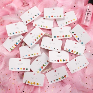 6-piece set of 925 silver needle sweet floral and fruit earrings on jewelry card