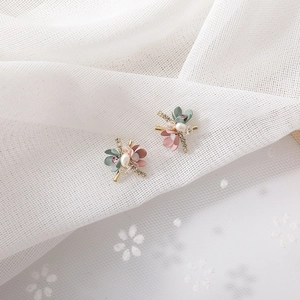 Elegant floral stud earrings with pink petals, pearls, and zircons on white mesh background
