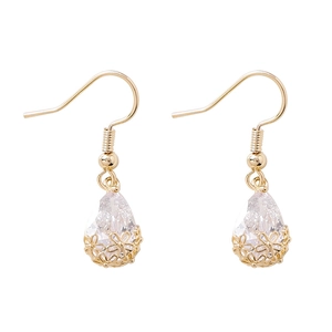 Sparkling teardrop zircon drop earrings with hollow flower pattern in gold finish