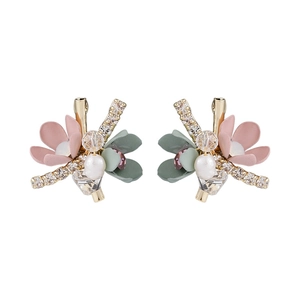 Floral stud earrings with pink matte petals, pearls and crystals on gold base