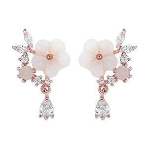 Elegant rose gold cherry blossom drop earrings with shell petals and teardrop zircon