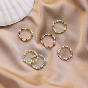Handmade Beaded Rings With Freshwater Pearl Artificial Crystal Colorful Alloy Beads Fairy Style Elastic Ring For Women Jewelry Gift
