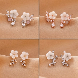 Elegant Shell Flower Stud Earrings With 925 Sterling Silver Earring Post Zirconia Water Drop Pendant Floral Jewelry Women