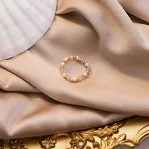 Handmade pearl and crystal beaded ring on silk satin, elegant boho style jewelry