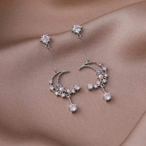 Sparkling silver celestial star and moon drop earrings with colorful zircon and small pearl