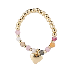 Elastic beaded ring featuring colorful faceted crystals and a gold heart pendant charm