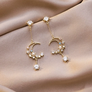Vintage Crescent Moon Star Tassel Dangle Earrings Copper Micro Inlaid Zirconia Artificial Pearl Drop Earrings For Women Jewelry Gift