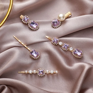 Retro Elegante Paarse Strass Haarclips Legering Vergulde Kunstparel Haarpelden Hoofddeksels Voor Vrouwen Dagelijks Feest Dating Accessoires