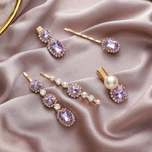 Elegante 5-delige paarse kristallen en parel haarspeldjes set met gouden metalen basis