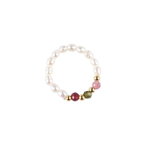 Handmade beaded ring with baroque pearls and faceted natural gemstones on white background