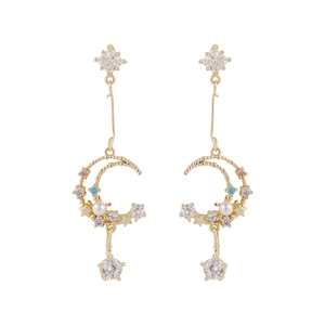 Elegant gold moon earrings with colorful zircon and stars on a clean white background