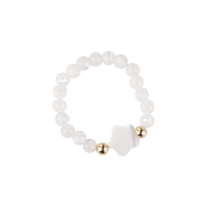 Elegant beaded heart shell ring featuring natural white mother-of-pearl and gold accents