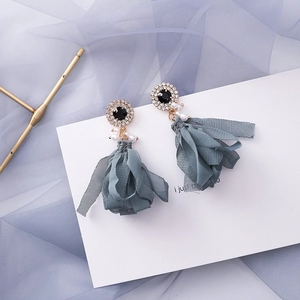 Elegant long fringe earrings with black gems, pearls and blue-grey chiffon tassels