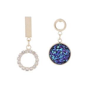 Asymmetric blue starburst crystal hoop earrings with sparkling rhinestones in gold finish