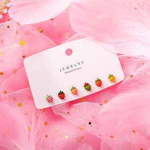 Close-up of a 6-piece 925 silver strawberry earring set with colorful 3D textures