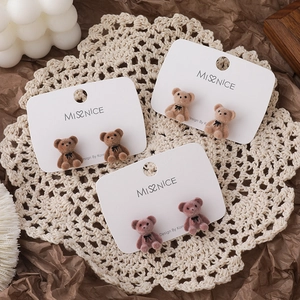 Cute Flocking Bear Stud Earrings With Bow 925 Sterling Silver Earring Post Cartoon Animal Jewelry For Women Girls Gift
