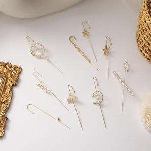 Elegant gold crystal zircon cuff earrings set featuring star moon and love designs