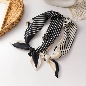 French vintage satin scarf with black and white diagonal stripes for hair and neck styling