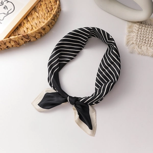 French vintage satin scarf tie with black and white stripes for ponytail hair styling