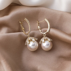 Elegant French style gold-plated pearl drop earrings with sparkling zircon accents