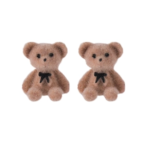 Cute brown flocked bear stud earrings with black bowknot accents for women